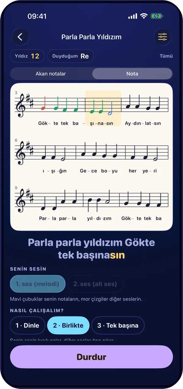 Koro Yıldızı: gerçek nota yazımı, söylenen notalar yeşile döner